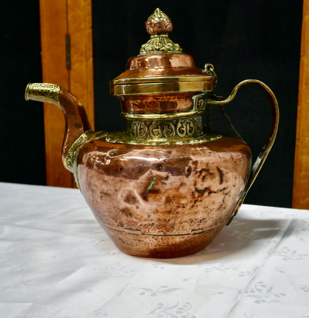 Charming 19th Century Indian Beaten Copper and Chased Brass Tea Pot