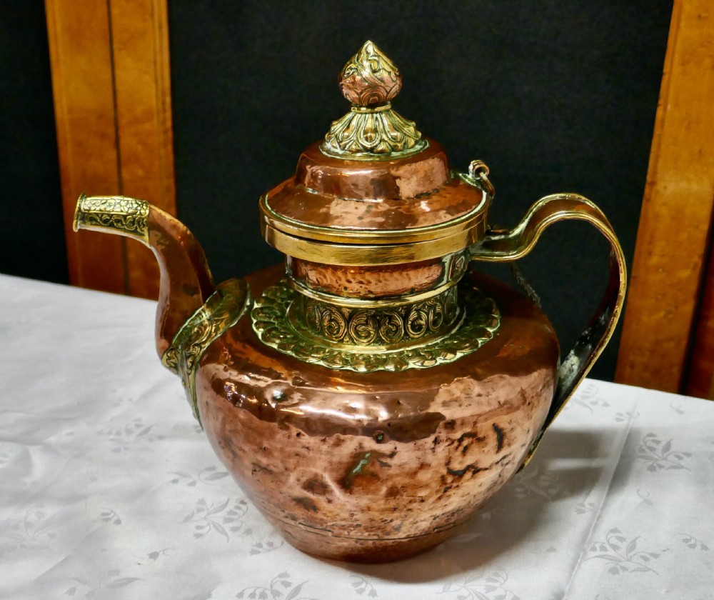 Charming 19th Century Indian Beaten Copper and Chased Brass Tea Pot View II