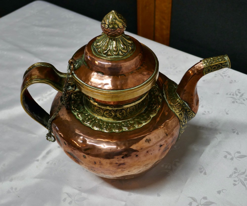 Charming 19th Century Indian Beaten Copper and Chased Brass Tea Pot View III