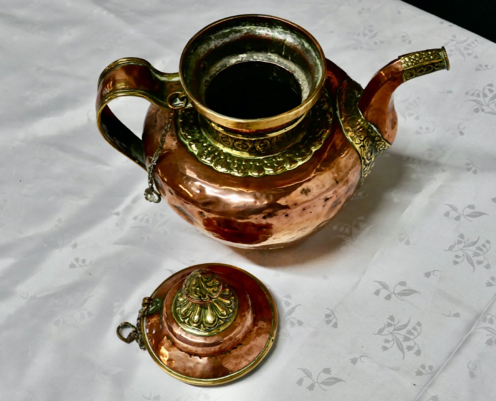 Charming 19th Century Indian Beaten Copper and Chased Brass Tea Pot View V