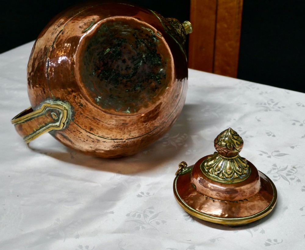 Charming 19th Century Indian Beaten Copper and Chased Brass Tea Pot View VI