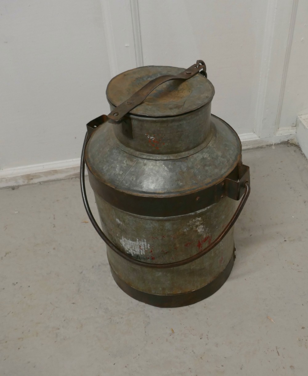 19th C Galvanised Metal Milk Churn with Iron Strapping View II