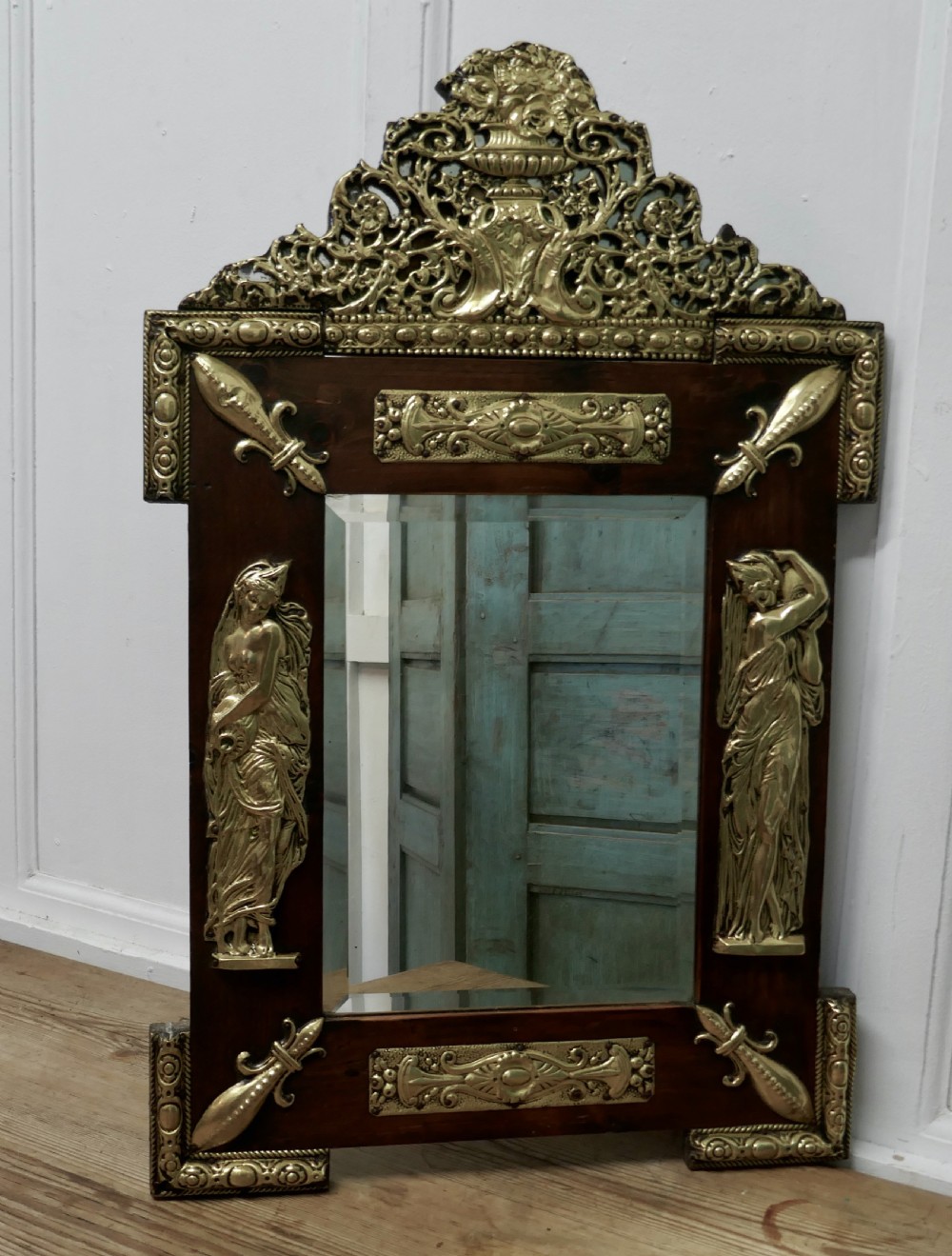 A Large Napoleon III French Brass and Fruitwood Mirror