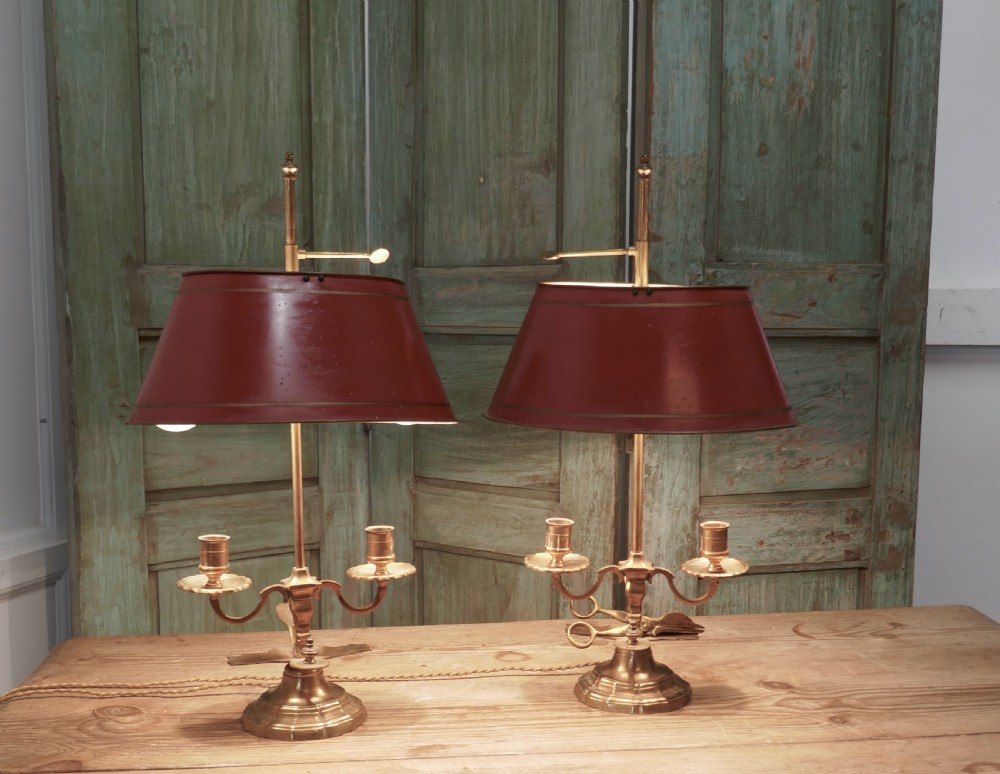 Pair of French Painted Toleware and Brass Twin Table Lamps