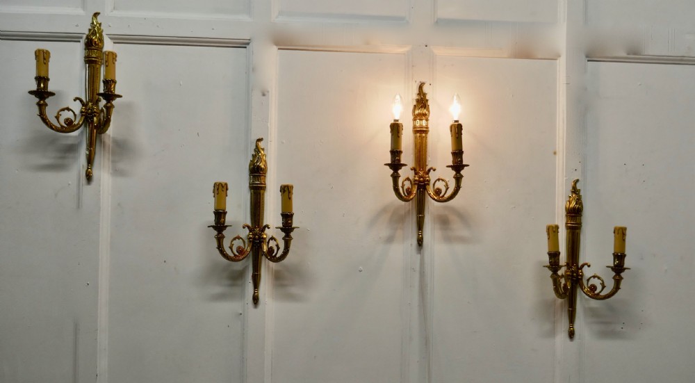 Set of 4 French Neo Classical Large Brass Twin Wall Lights
