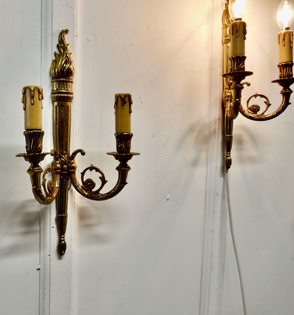 Set of 4 French Neo Classical Large Brass Twin Wall Lights View IV