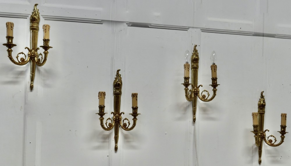 Set of 4 French Neo Classical Large Brass Twin Wall Lights View V
