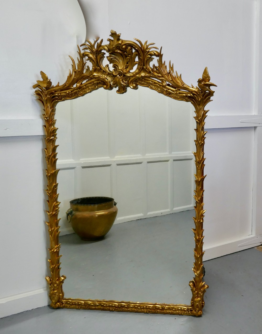 A Large Elaborate French Rococo Gilt Console Mirror Decorated with Leaves and Birds View VI