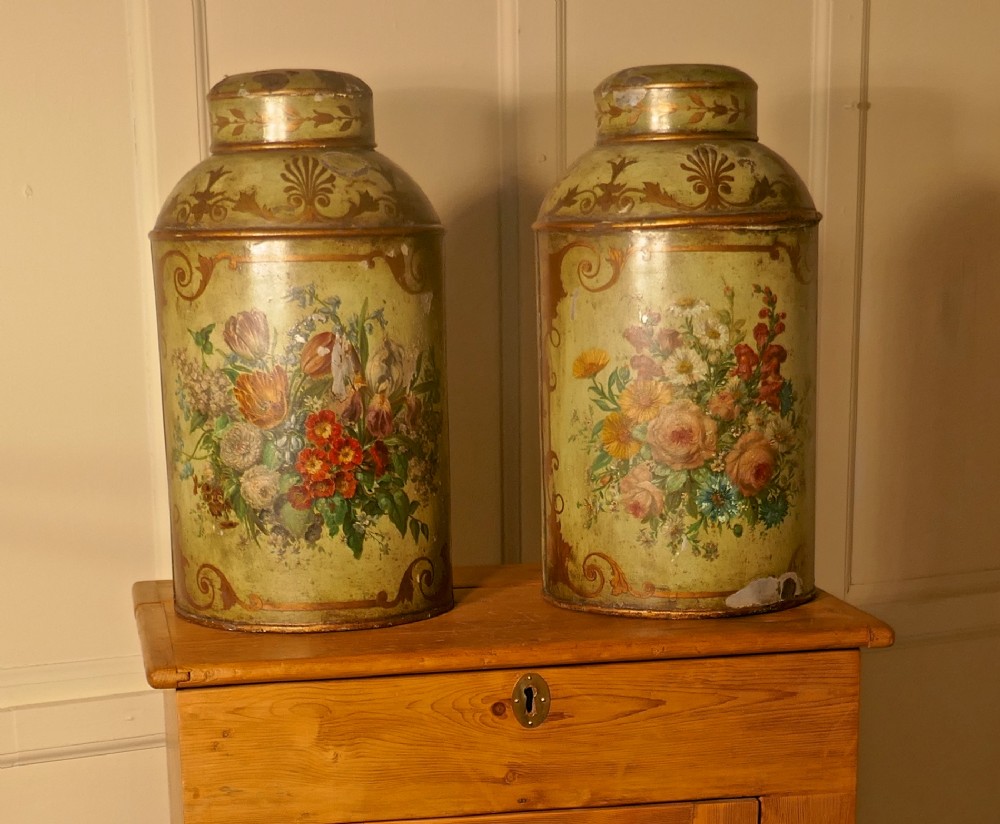 A Pair of Early Very Large Hand Painted Toleware Tea Canisters, with Lids, 
