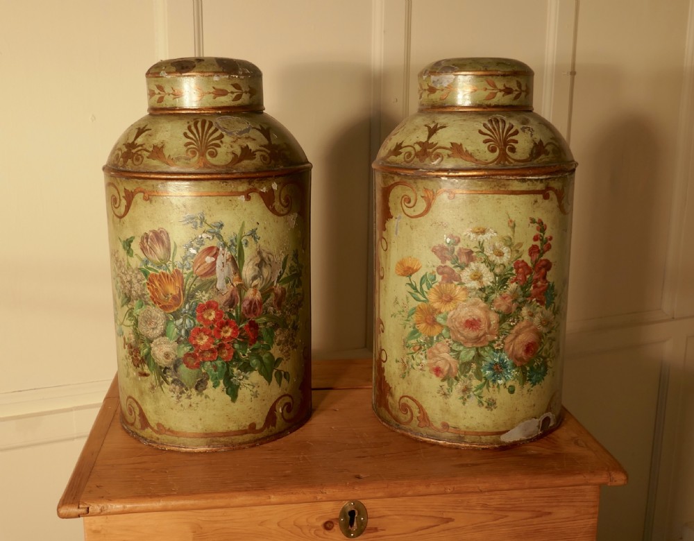 A Pair of Early Very Large Hand Painted Toleware Tea Canisters, with Lids,  View II