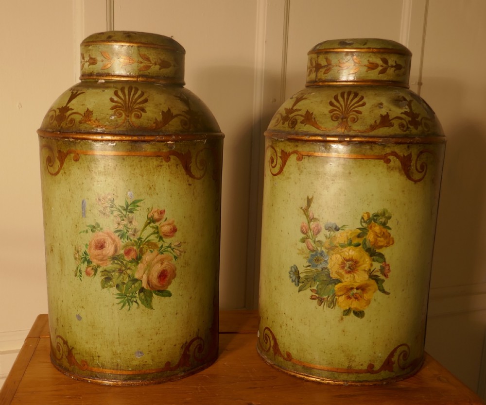 A Pair of Early Very Large Hand Painted Toleware Tea Canisters, with Lids,  View III