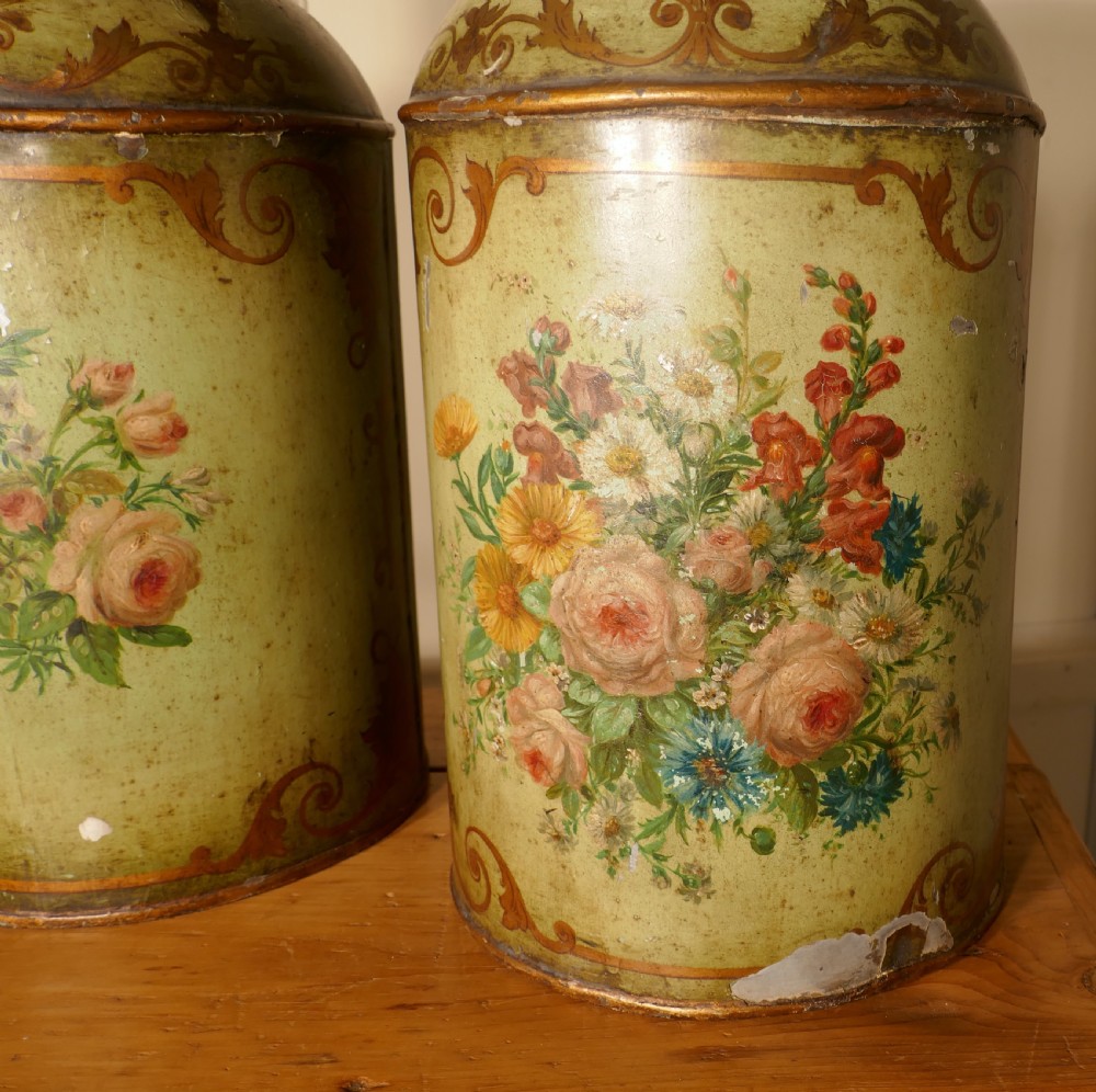 A Pair of Early Very Large Hand Painted Toleware Tea Canisters, with Lids,  View VI