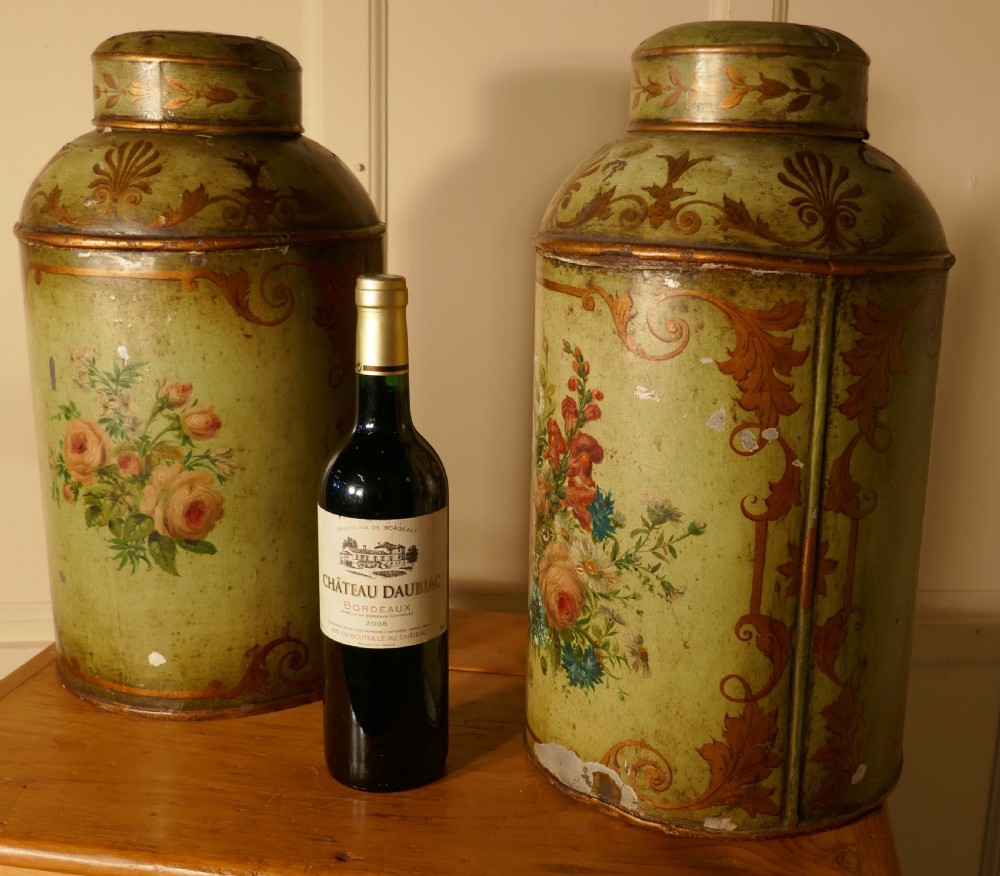 A Pair of Early Very Large Hand Painted Toleware Tea Canisters, with Lids,  View VII