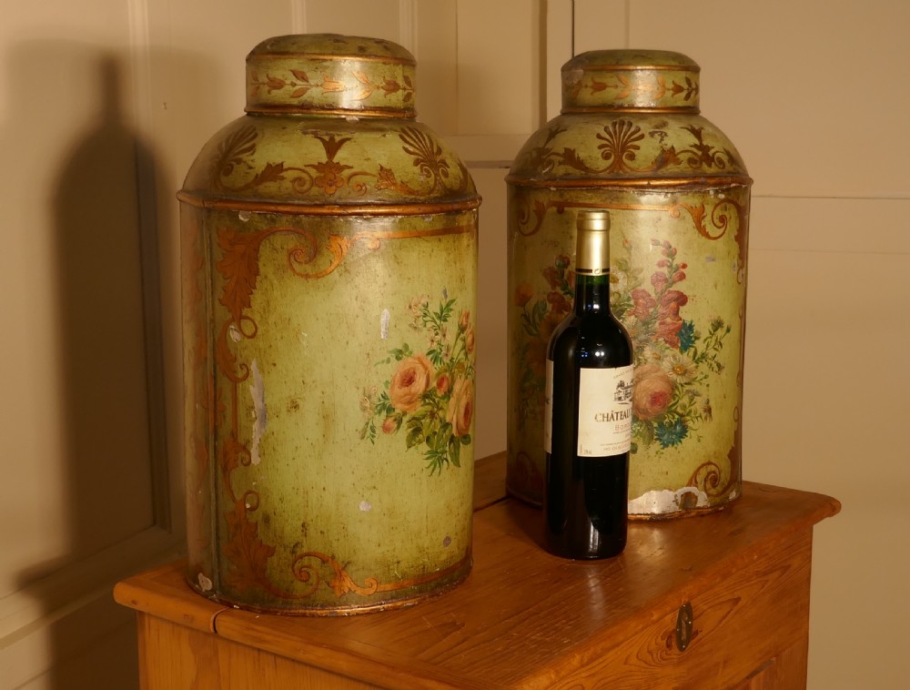 A Pair of Early Very Large Hand Painted Toleware Tea Canisters, with Lids,  View VIII