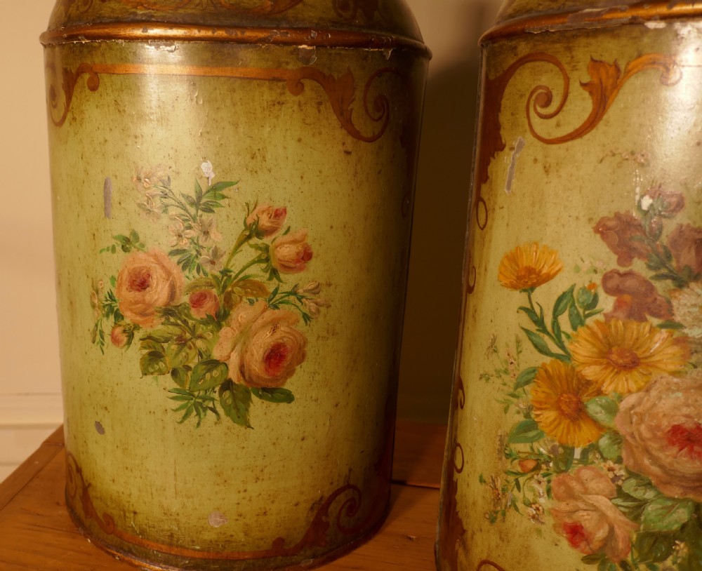 A Pair of Early Very Large Hand Painted Toleware Tea Canisters, with Lids,  View X