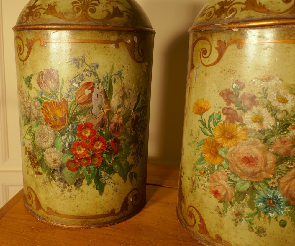 A Pair of Early Very Large Hand Painted Toleware Tea Canisters, with Lids,  View XI