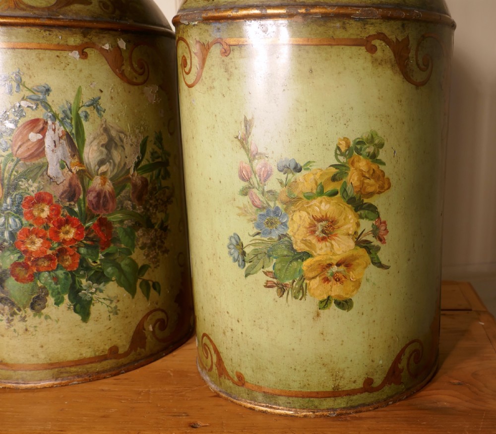 A Pair of Early Very Large Hand Painted Toleware Tea Canisters, with Lids,  View XII