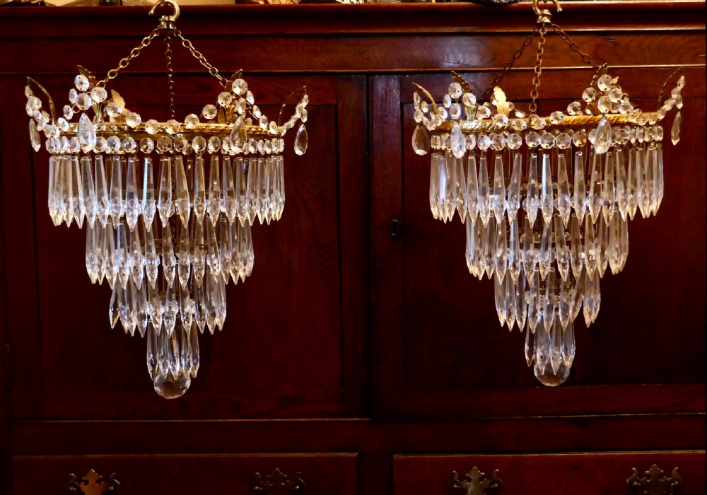 A Pair of Large Crystal Waterfall Chandeliers View VIII
