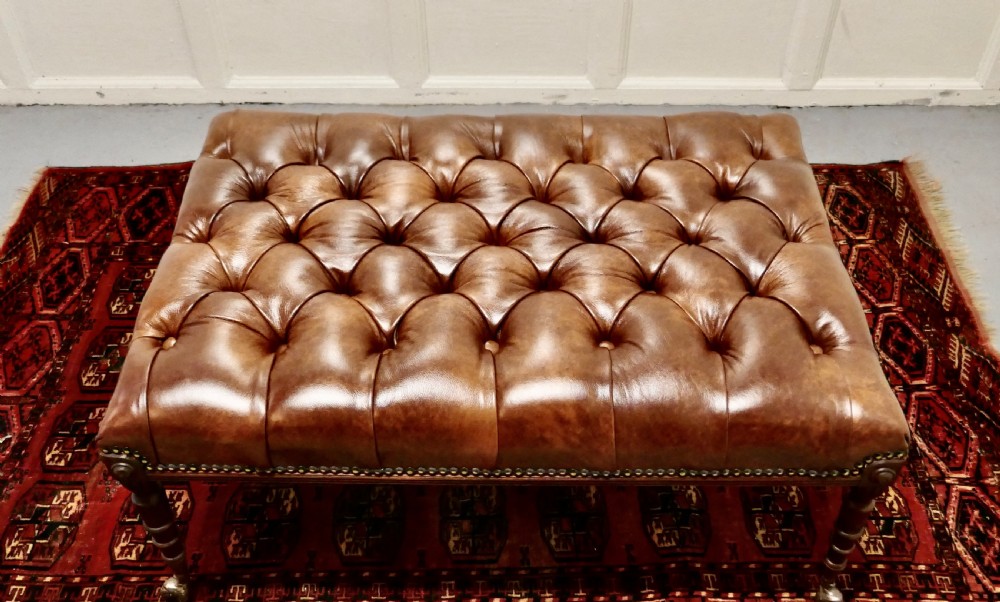 Deeply Buttoned Large Chesterfield Leather Library Stool   View III