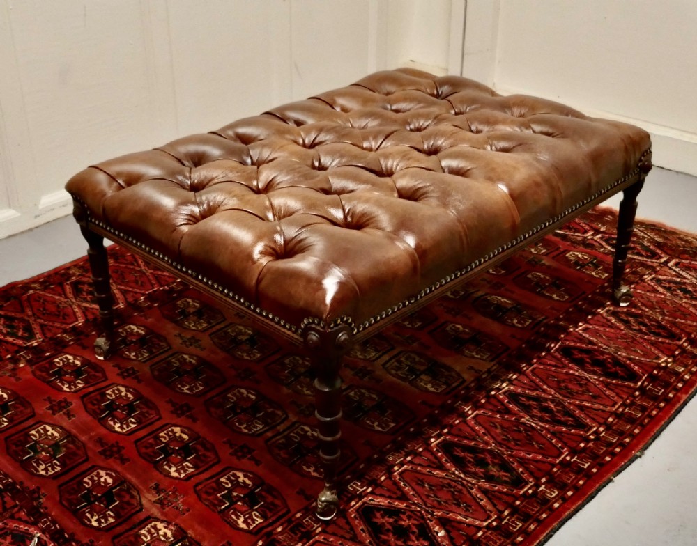 Deeply Buttoned Large Chesterfield Leather Library Stool   View IV