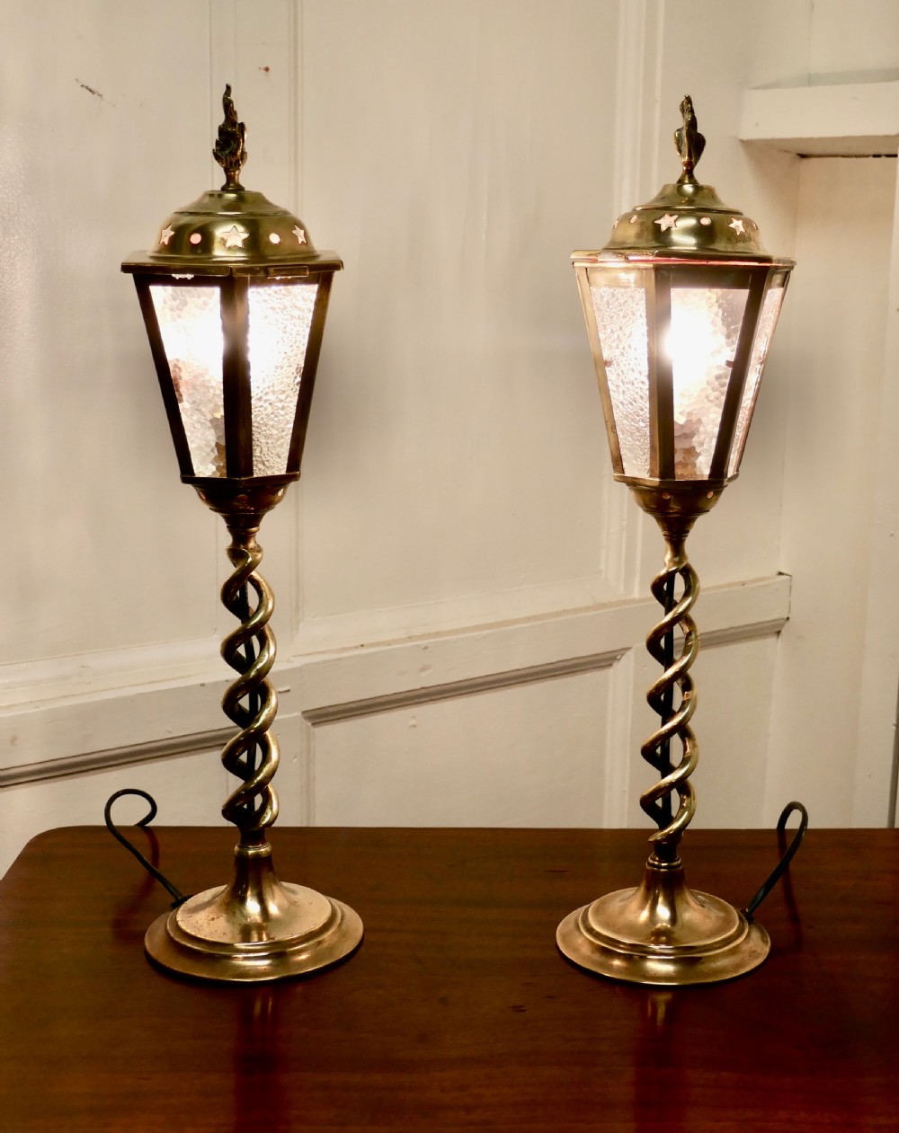 A Pair of Arts and Crafts Barley Twist Brass Hall Table Lanterns