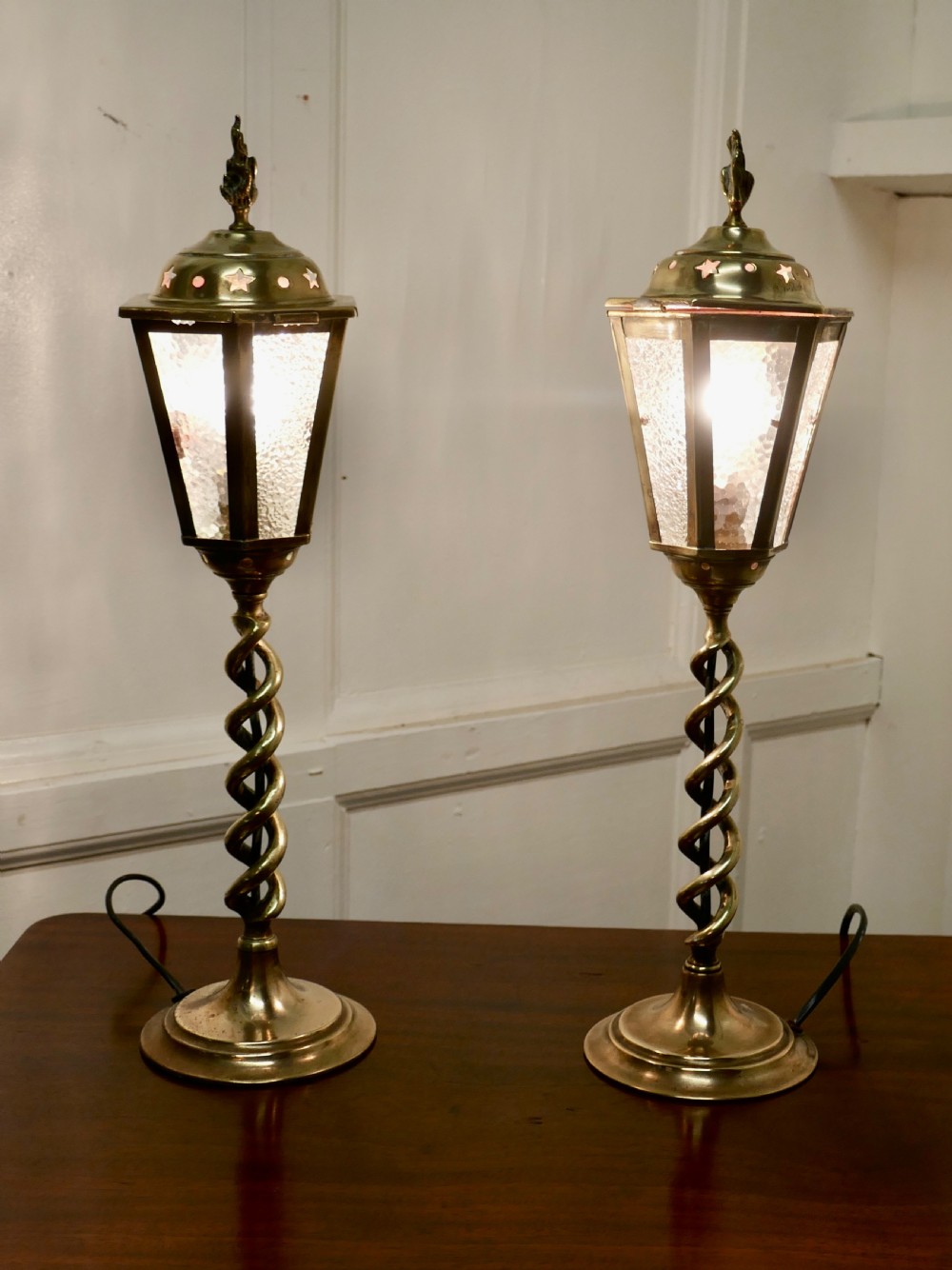 A Pair of Arts and Crafts Barley Twist Brass Hall Table Lanterns View III
