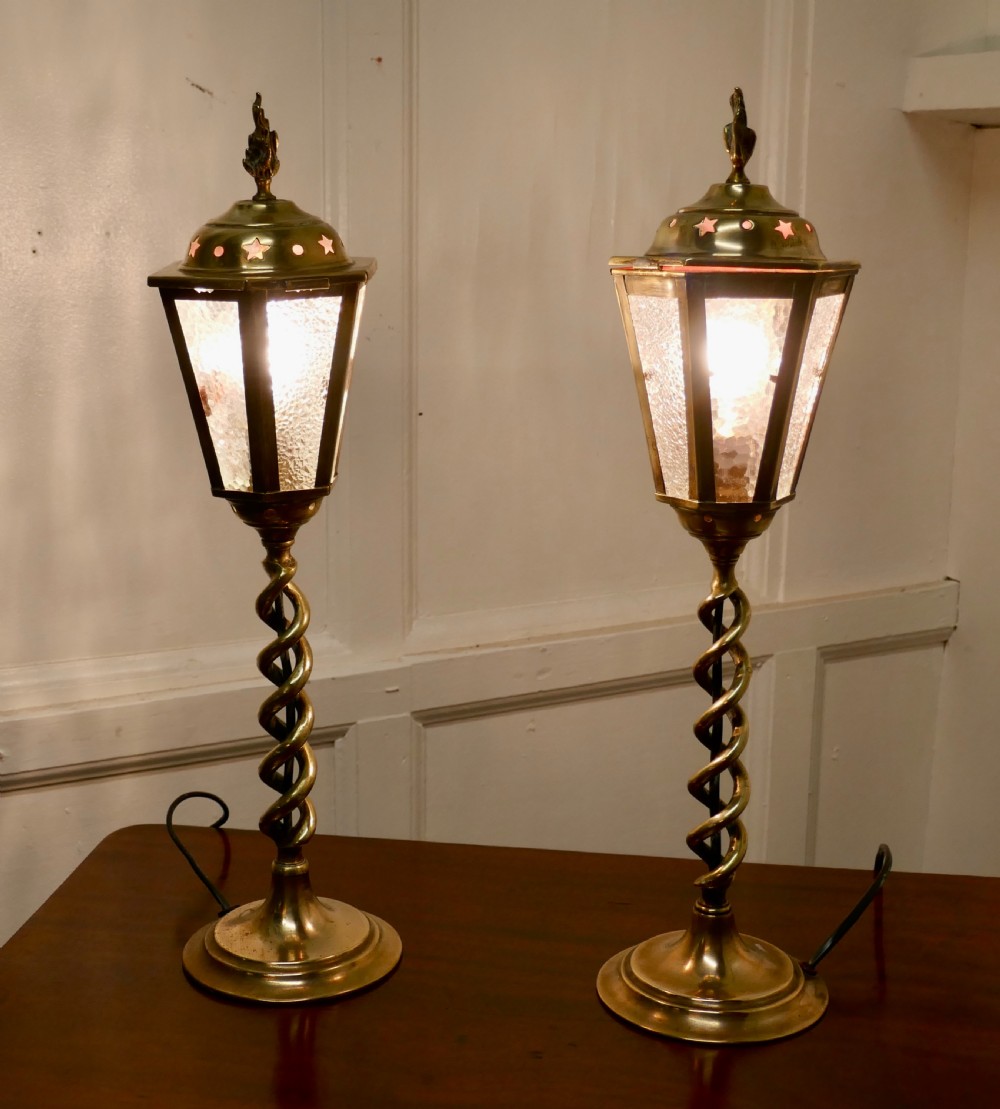 A Pair of Arts and Crafts Barley Twist Brass Hall Table Lanterns View IV