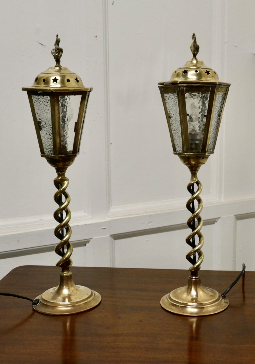A Pair of Arts and Crafts Barley Twist Brass Hall Table Lanterns View VI