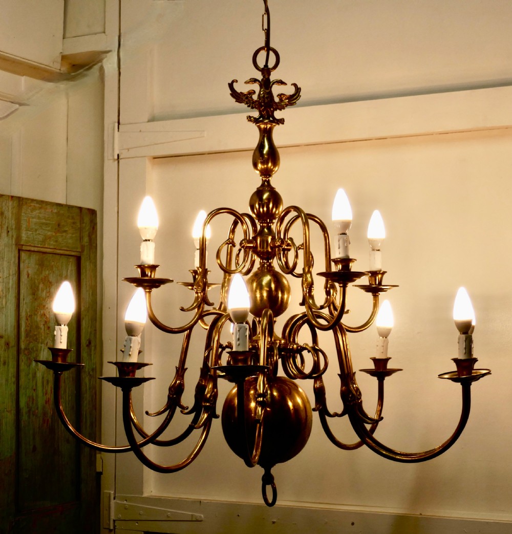 Antique Dutch Style Twelve Branch Two Tier Brass Chandelier  