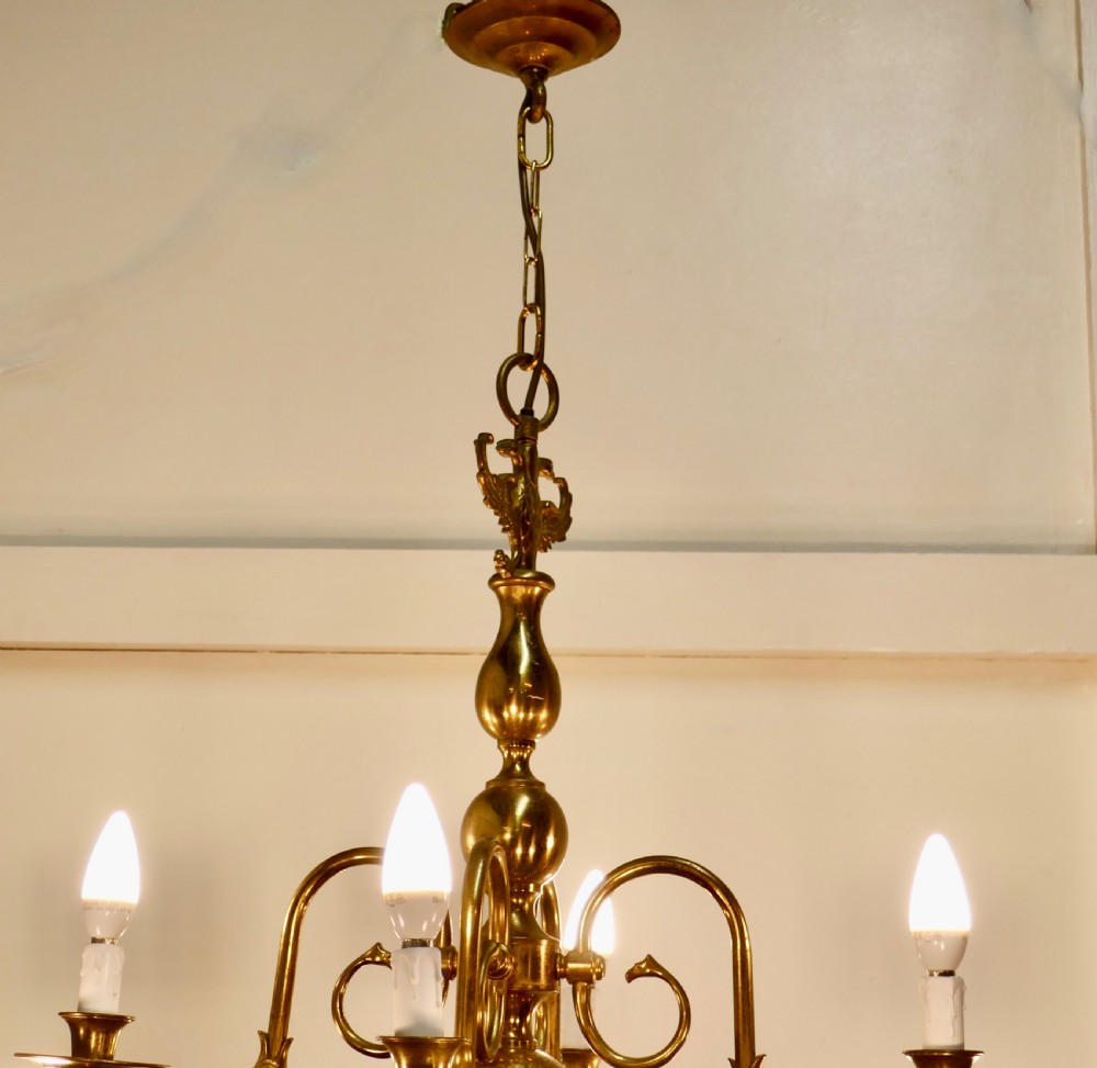 Antique Dutch Style Twelve Branch Two Tier Brass Chandelier   View II