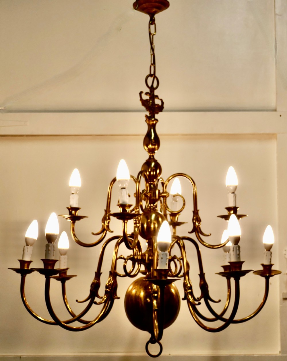 Antique Dutch Style Twelve Branch Two Tier Brass Chandelier   View III