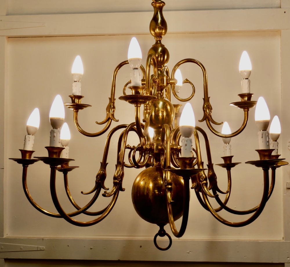 Antique Dutch Style Twelve Branch Two Tier Brass Chandelier   View IV