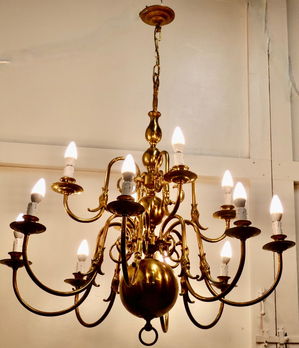 Antique Dutch Style Twelve Branch Two Tier Brass Chandelier   View VI