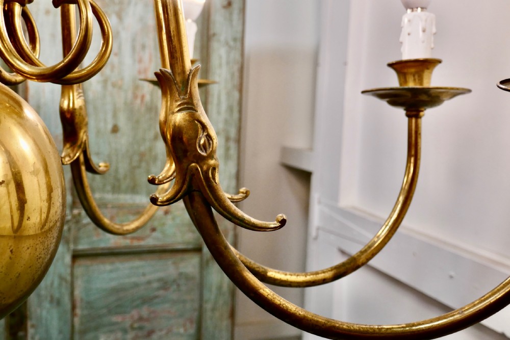 Antique Dutch Style Twelve Branch Two Tier Brass Chandelier   View VII
