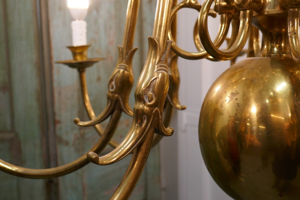 Antique Dutch Style Twelve Branch Two Tier Brass Chandelier   View VIII