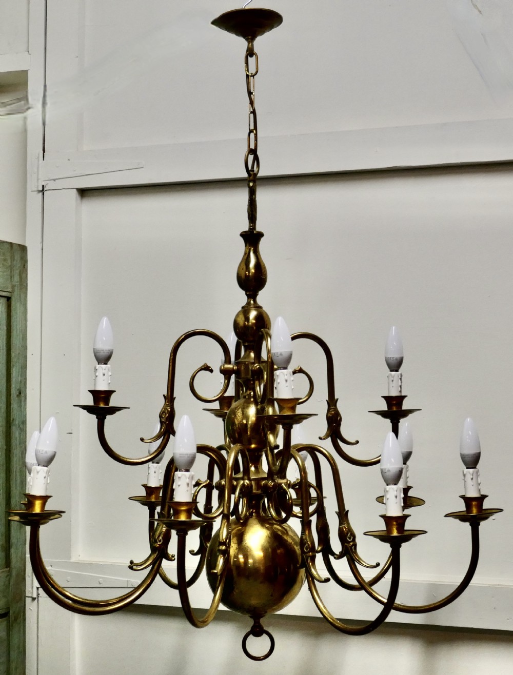 Antique Dutch Style Twelve Branch Two Tier Brass Chandelier   View X