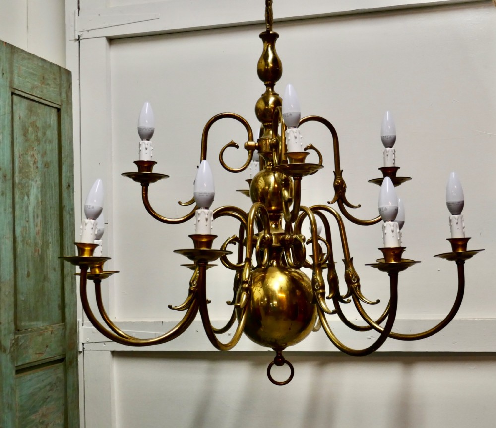 Antique Dutch Style Twelve Branch Two Tier Brass Chandelier   View XI