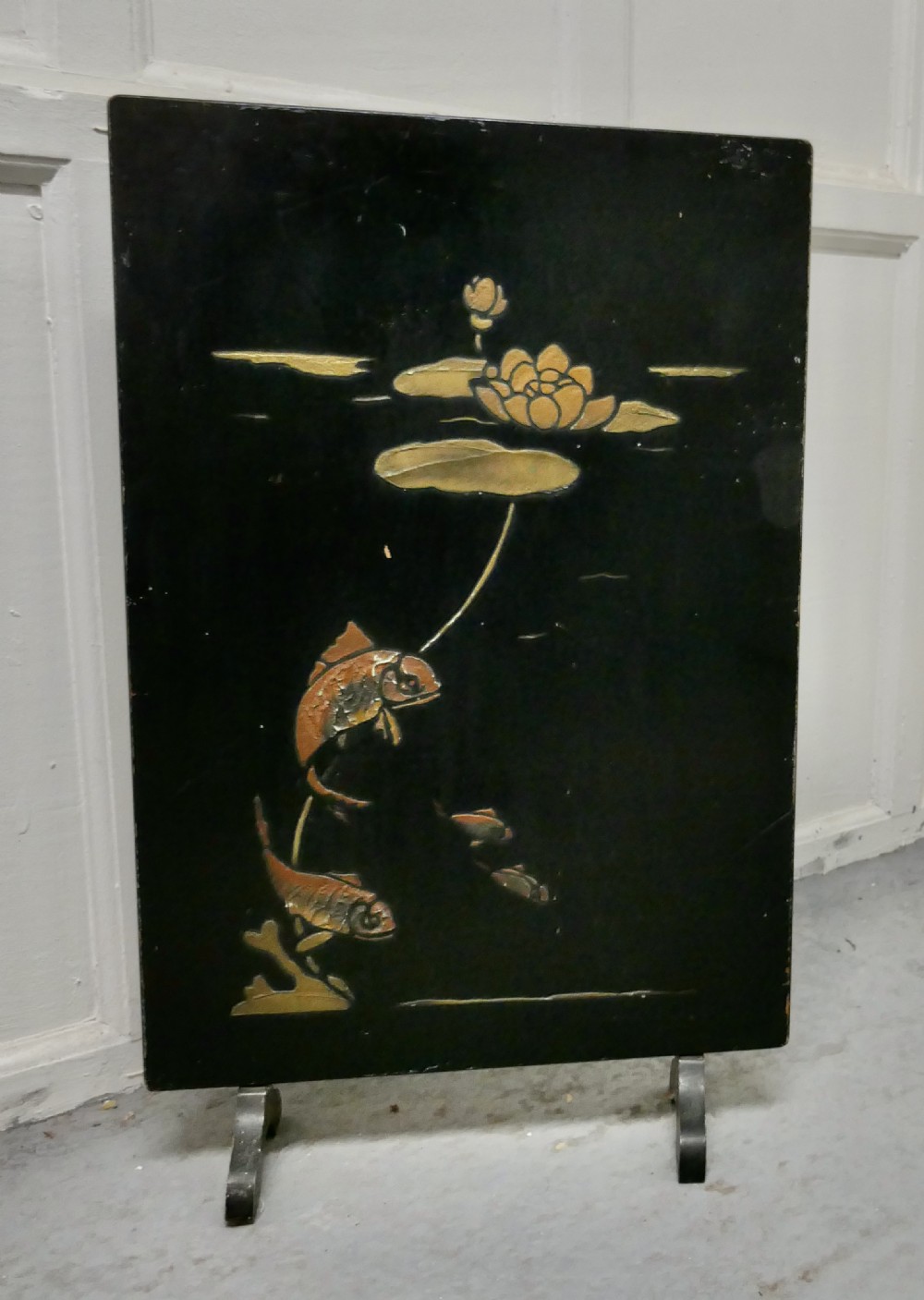 19th Century Japanese Lacquer Fire Screen, Decorated with Carp