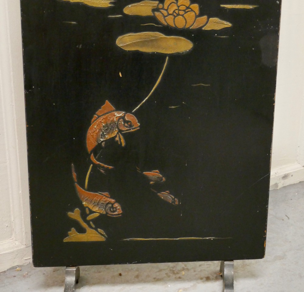 19th Century Japanese Lacquer Fire Screen, Decorated with Carp View II