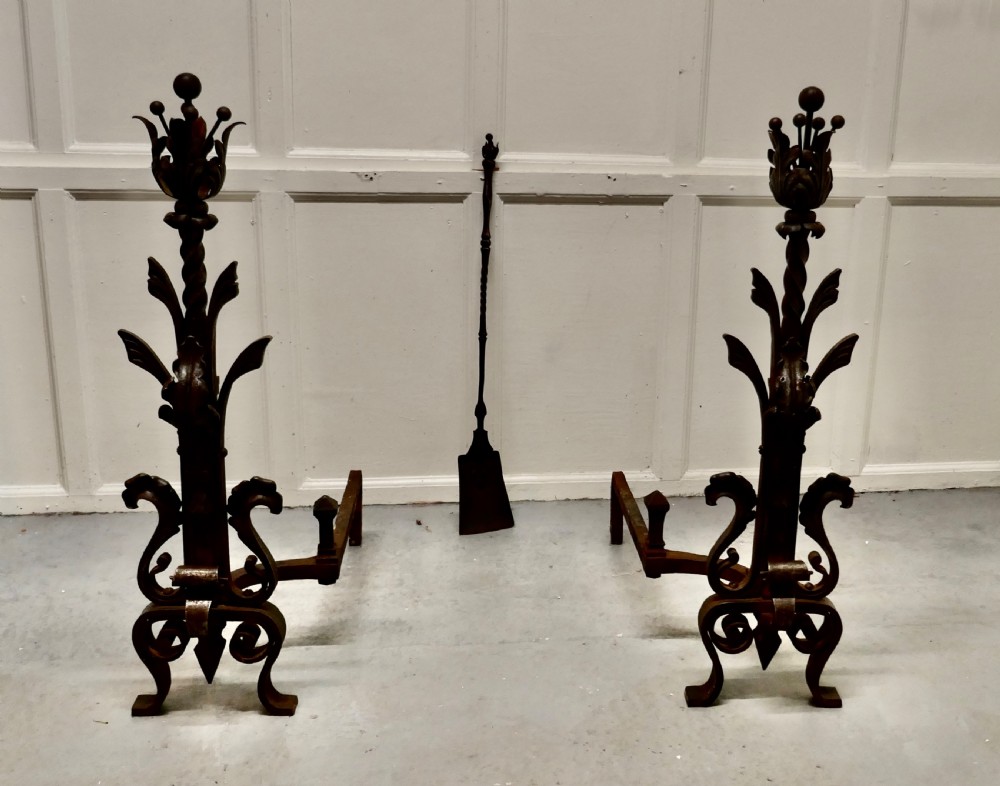 Very Large Heavy Pair of French Iron Andirons 