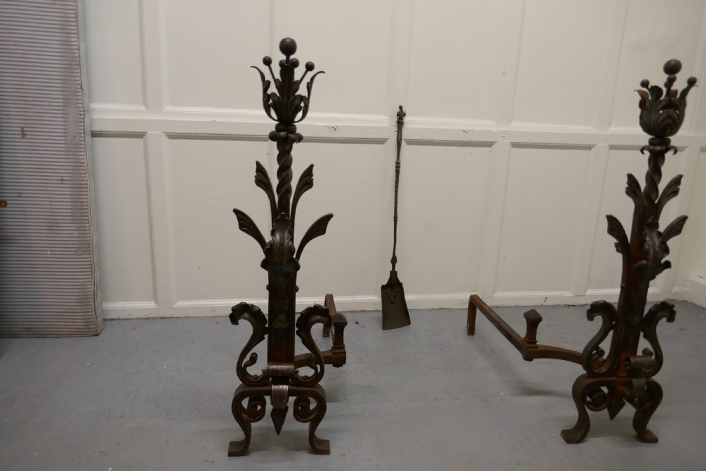Very Large Heavy Pair of French Iron Andirons  View II