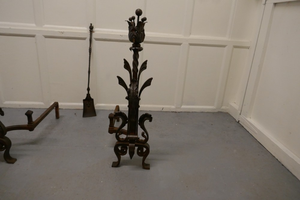 Very Large Heavy Pair of French Iron Andirons  View III