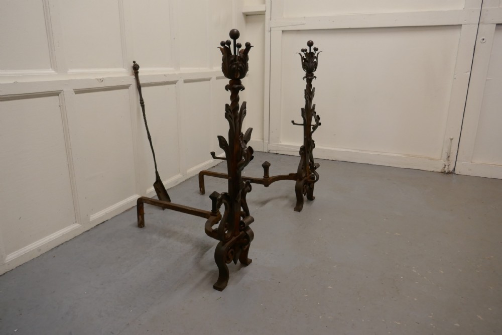 Very Large Heavy Pair of French Iron Andirons  View V