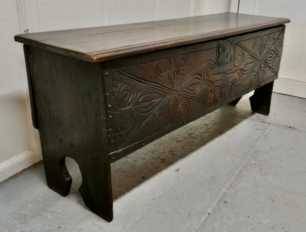 17th Century Carved Oak 6 Plank Sword Chest View VI