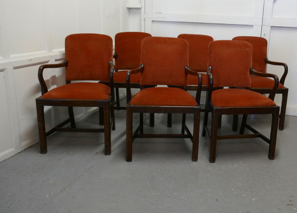 Set of 6 Art Deco Oak Dining Chairs with Arms