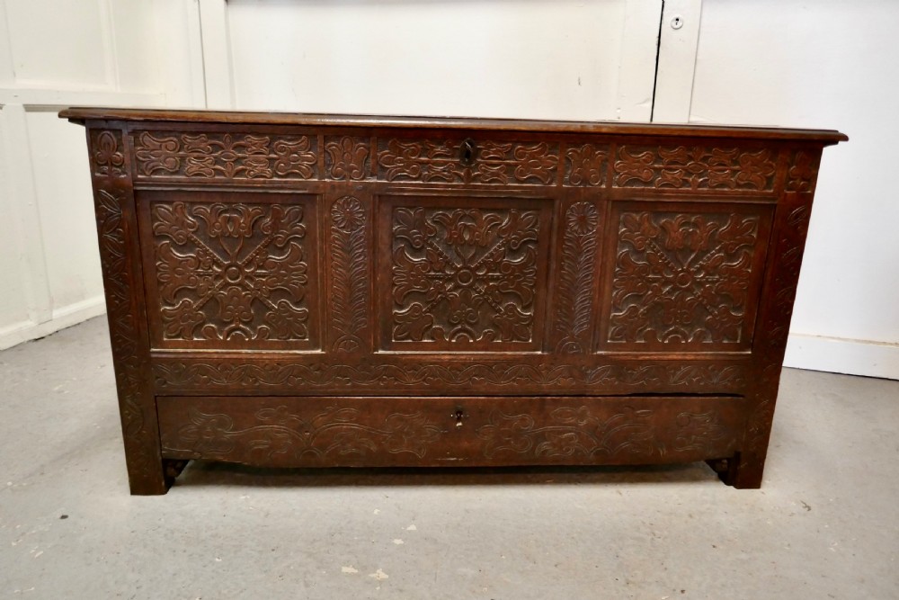 Large 18th Century Carved Oak Mule Chest, Marriage Chest