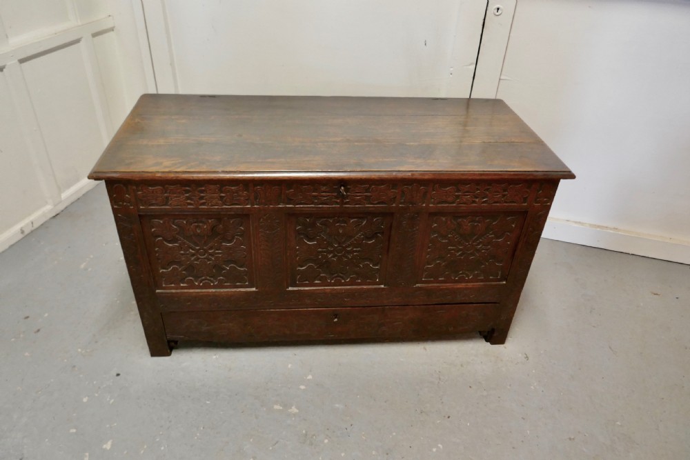 Large 18th Century Carved Oak Mule Chest, Marriage Chest View II
