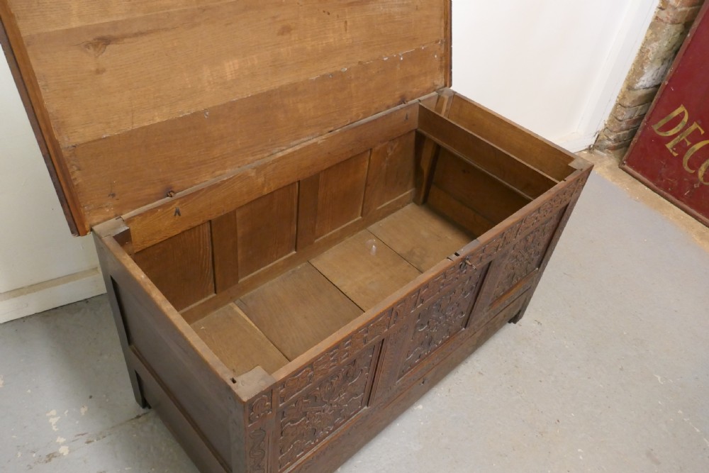 Large 18th Century Carved Oak Mule Chest, Marriage Chest View VI