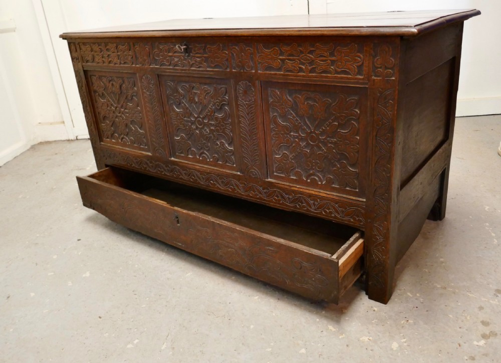 Large 18th Century Carved Oak Mule Chest, Marriage Chest View IX