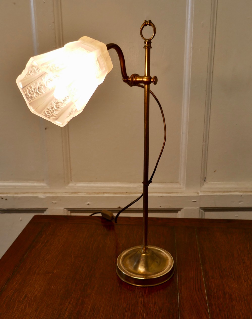 French Brass Desk Lamp with Opaline Glass Shade View II